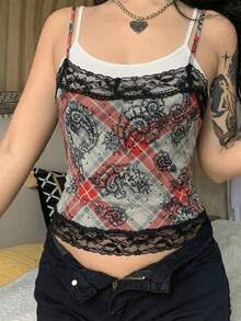 女士 Y2K Grunge 格纹佩斯利印花蕾丝边二合一吊带背心 - 双层细肩带露脐背心，朋克另类街头风度假外出上衣，夏季女装，情人节穿搭，派对穿搭，音乐节穿搭，浪漫约会穿搭，假日穿搭，春夏日常穿搭，嘉年华休闲穿搭 - 彩色 - 查看 4