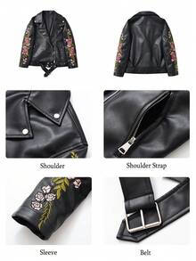 女士刺绣仿皮夹克长袖机车朋克夹克花卉外套 - 深黑色 - 查看 8