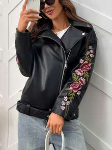 女士刺绣仿皮夹克长袖机车朋克夹克花卉外套 - 深黑色 - 查看 3