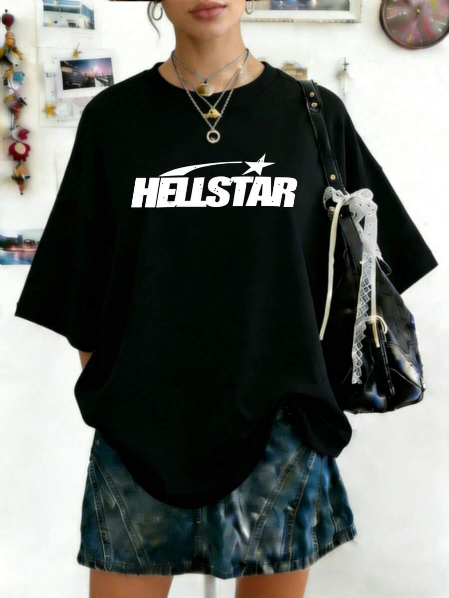 Hellstars Minimalist Star Logo Y2K Graphic T-Shirt,220g 100% Cotton,Round Neck Short Sleeve,Black Streetwear Essential For Summer Going Out,Unisex Style - 黑色 - 查看 1
