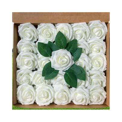 25pcs Artificial Hot Pink Foam Rose Flowers With Stems, DIY Wedding Bouquet, Bridal Shower Decor, Party Table Centerpiece, Home Decoration