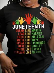Women's Black Juneteenth Graphic T-Shirt - Stretchy Casual Tee With Bold "Dream, Lead, Fight" Inspirational Lettering, Soft Polyester/Spandex Blend Shirt For Everyday & Cultural Celebration Outfits, Ladies T Shirts, Summer Wardrobe Staple, Motivational Apparel, Statement Top, Comfortable Fit, Short Sleeve Top, Fashion Lovers - 黑色 - 查看 6