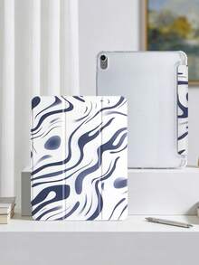 1pc Blue & White Ink Twist Stripe Pattern Painted Tablet Case, Compatible With IPad Mini 4/5/6/7, Air/Air2, 9.7/10.2/10.5, Air 4/5, Pro 11-Inch, 10th Gen, Air 11-Inch (M3) 2025, (A16) 11-Inch 11th Gen 2025, Galaxy Tab A8 10.5-Inch 2022. Includes Pencil Slot, Tri-Fold Stand, TPU Soft Edge Protection, Magnetic Sleep/Wake, Casual/Elegant/Cool/Unique/Personalized Tablet Folio Case - Multicolor - View 2