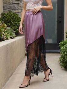 Women's Long Skirt Satin Lace Patchwork Design Stylish Solid Color High Waisted Skirt for Summer - Morado - Ver 5