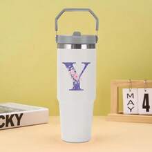 30oz Water Bottles Stainless Steel Insulated Tumbler With Carry Handle Double Walled Leak Proof Fits Most Cup Holder Water Cup With Lid And Straw For Gym Home Office Travel A-Z Letters Purple Flower Pattern - Multicolor - View 35