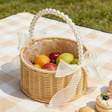 Artificial Woven Flower Girl Basket With Pearl Hand Grip Small Rattan Present Basket Decorative Picnic Hamper - 黃色 - 查看 3