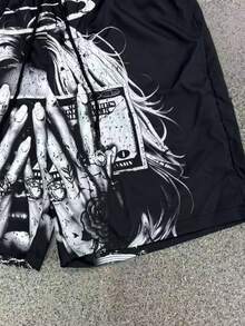 男士时尚休闲美式轻薄印花美元图案沙滩短裤，适合夏季穿着 - 黑色 - 查看 3