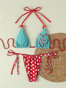 Bộ bikini tam giác kẻ caro dáng suông và chấm bi dành cho nữ, phong cách nghỉ mát biển, mùa xuân/hè mới, thanh lịch. - Nhiều màu - Xem 2