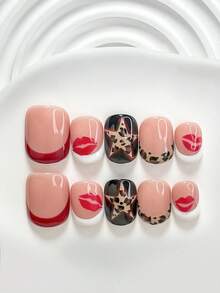 10件套精美豹纹手工美甲套装，包含亚克力美甲贴纸、唇印贴纸、豹纹美甲贴纸、红色星星细边美甲装饰、红色指甲油、白色指甲油，以及美甲工具（1张果冻贴纸+1把指甲锉）。三种尺寸可选：方形、短方形、杏仁形。适合春夏、外出、派对、日常、通勤、聚会、摄影等场合。美甲用品。 - 彩色 - 查看 10