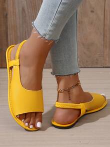 Giày sandal hở mũi màu trơn thời trang mùa hè cho nữ - Nâu và đen, đế bằng, hở mũi, đế cao su, giày thường ngày thoải mái, giày sandal thời trang phù hợp để mặc thường ngày, thiết kế xỏ ngón - Màu vàng - Xem 7