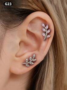 1 pieza Pendiente de titanio con rosca interna plana, diseño de hoja con circonita cúbica de corte pera 5A, anillo de cartílago, trago, nariz y labio con forma de hoja de titanio G23 para oídos sensibles, joyería de perforación unisex - 1 pieza de titanio - Ver 6