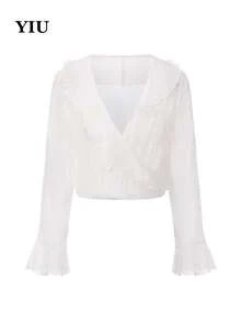 Women's Solid Color V-Neck Ruffle Splice Casual Commuter Long Sleeve Top - Cream - View 5
