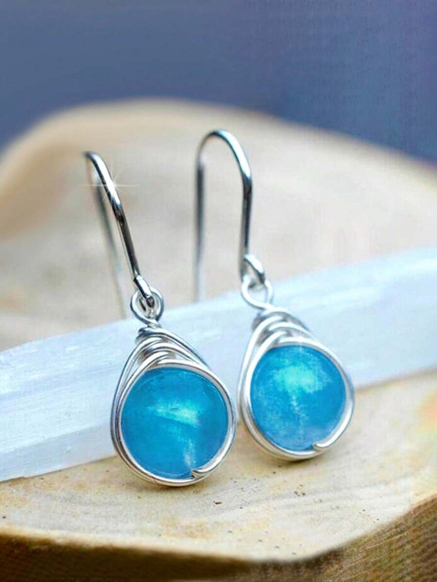 1 Pair Fashion Moonstone Water Drop Earrings, Suitable For Women, Can Be Used For Weddings, Engagements, Anniversaries, Parties, Valentine's Day, Also Can Be Given As Gifts To Mothers, Mother's Day, Etc. - 藍色 - 查看 1