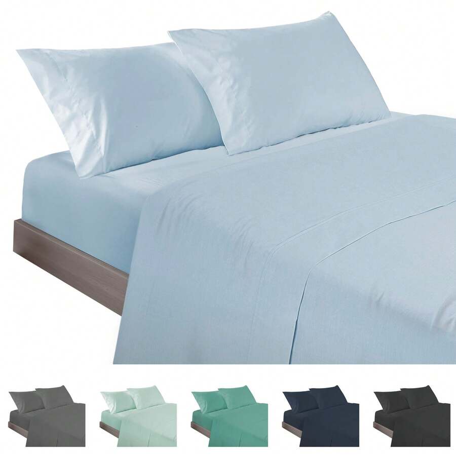 Ecommerc3 3-4 Piece Cotton Sheet Set, Fits Beds 80-200 Cm, Wide Variety Of Colors - 天藍色 - 查看 1