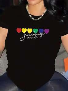 Casual Women's Black Round Neck Short Sleeve T-Shirt With Have Faith Rainbow Hearts Print Regular Fit Top - 黑色 - 查看 1