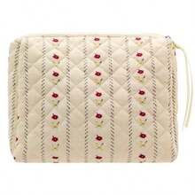 PAZIMIIK - Bolsa de maquillaje de algodón para mujer tamaño grande acolchada cosmética de viaje Little Flower Beige 1 PCS Pouch Vintage - Pequeña flor beige - Ver 8