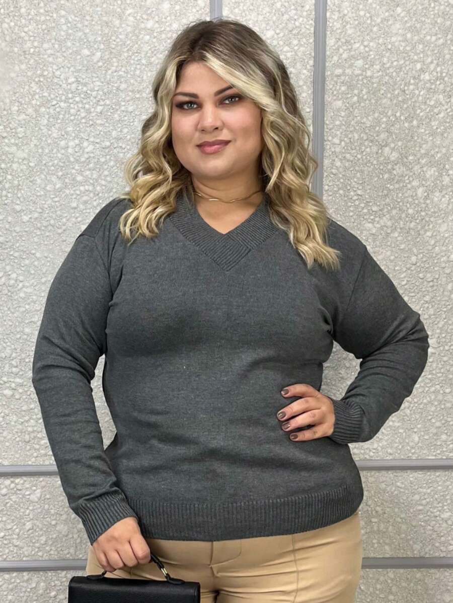 EXPOSICAO PAULISTA Women's Plus Size V-Neck Knit Blouse, Winter Casual Sweater, Comfortable Wool - Dark Grey - View 1