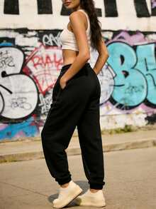 High-Waisted Black Slim-Fit Women's Pants With Visible Seam Design And Elastic Waistband - Black - View 4