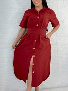Linen Dress With Belt, Suzi Moda - Burgundy - View 2