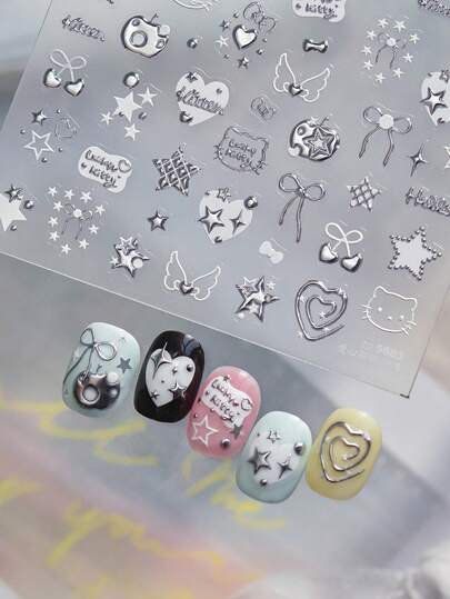 1片装 5D 3D立体美甲贴纸 可爱爱心猫咪蝴蝶结星星自粘美甲贴纸 美甲装饰配件 DIY