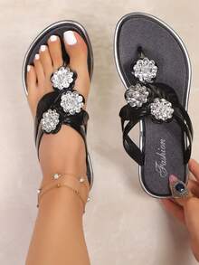 1双女士新款金/银色平底人字拖，休闲时尚水钻花朵沙滩拖鞋，适合春夏穿着 - 黑色 - 查看 6