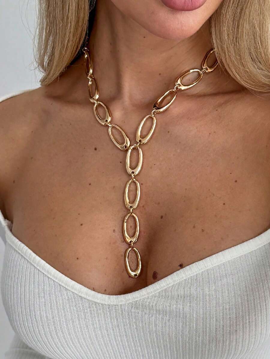 1 pieza Collar largo de metal con sensación minimalista y geométrica hueca en estilo retro, accesorio de collar con colgante asimétrico de aro - Dorado - Ver 1