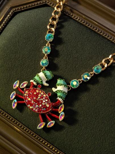Vintage 3D Crab Design Elegant Luxury Exaggerated High-End Fashion Jewelry Necklace, Made Of Alloy Base With Gemstone Accents, Suitable For Daily Wear, Parties, Banquets, And Gifts