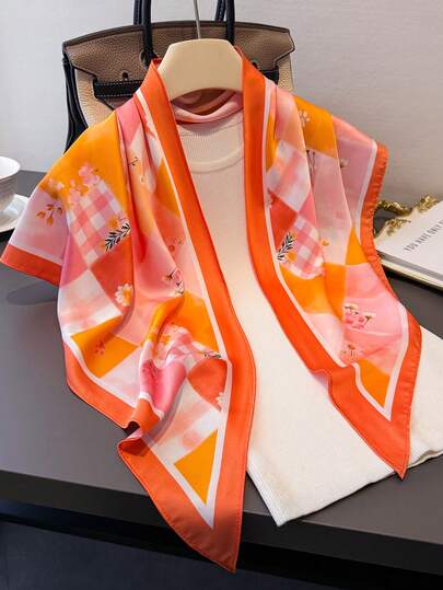 1 Pc Abstract Floral Motif Plants Imitation Silk Satin Triangle Scarf Headband Bandana , Versatile Women's Hair Band Shawl For Tourism, Vacation,Leisure,Head Scarf, Daily Commuting Small Collar.