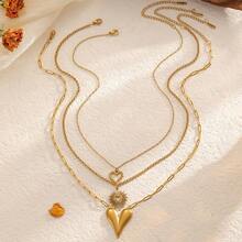 18K Gold Plated Hollow Heart Shaped Stainless Steel Necklace, Minimalist High-End Jewelry Suitable For Daily Wear And Gift - Gold - View 1