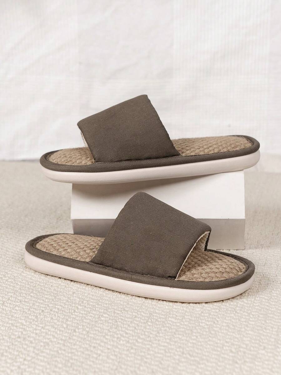 Men's Washable Solid Color Open Toe Slippers, 2cm Flat, Simple And Clean For Home, Bedroom, Indoor And Outdoor Wear, Warm Lining For Autumn, Solid Color - Brown - View 1