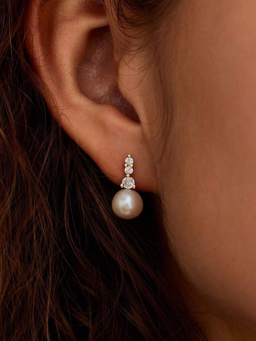 女士仿珍珠耳环，精致锆石耳钉，低过敏性，正式场合新娘仿珍珠耳坠，简约金色耳钉，婚礼仿珍珠首饰 - 金色 - 查看 1