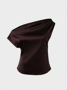 Elegante blusa asimétrica con volantes, cuello asimétrico, delgada, sexy, casual, de negocios, para ir a la oficina, de uso diario, para el verano - Marrón - Ver 8