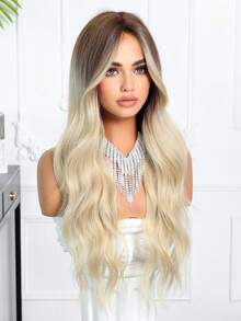 26英寸金色渐变长卷发假发，合成纤维蝴蝶剪假发，适合初学者，佩戴舒适，均码，适合日常、派对、角色扮演、音乐节等各种场合，是送给女朋友的绝佳礼物，时尚必备，美妆假日必备，多功能 - 漸變金色 - 查看 3