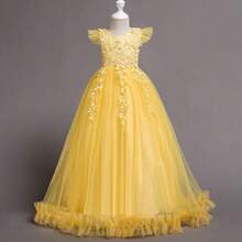 Vintage Lace Party Dress For Girls - Boho Style Maxi Gown For Pageant, Wedding & Celebration - 黃色 - 查看 2