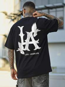 FRACTYR Men's Casual Street Fashion Loose Fit Round Neck Graphic T-Shirt, Summer - Black - View 2