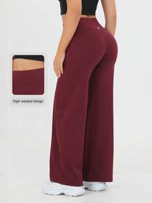 Women's High Waist Solid Color Loose Wide Leg Yoga Pants, Comfortable And Slimming, Suitable For Running, Fitness And Yoga - Màu Đỏ Sâu - Xem 9