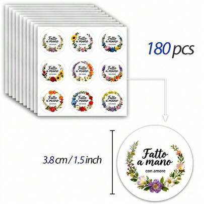 180PCS Italian Style "Handmade With Love" Stickers, Premium Floral Wreath Aesthetic Round Labels For Small Business Boutique Packaging, Gift Wrap, Baking Sealers, Envelope Stickers, Strong Adhesive Quality