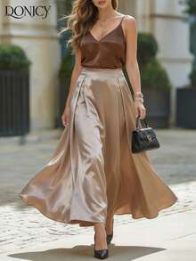 DONICY 女士米色长款百褶高腰半身裙，优雅飘逸 - 杏色 - 查看 3
