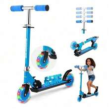 Scooter Monopatín De Pie Plegable Para Niñas Y Niños 3-12 Años 65KG, 4 Altura Ajustable Con RGB Luces,Freno de rueda trasera/Diseño anti-pellizco,Apto para adultos y niños.,Color Azul, - Azul - Ver 1