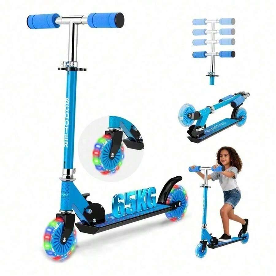 Scooter Monopatín De Pie Plegable Para Niñas Y Niños 3-12 Años 65KG, 4 Altura Ajustable Con RGB Luces,Freno de rueda trasera/Diseño anti-pellizco,Apto para adultos y niños.,Color Azul, - Azul - Ver 1
