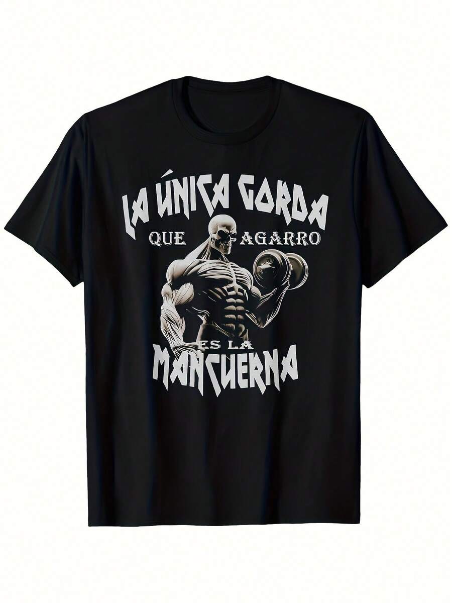 Camiseta Unisex para Hombre con Diseño Gráfico de Calavera Mexicana Inspirada en el Gimnasio - Diseño Motivacional de Fitness Negro con el Lema "La Unión Hace Fuerza", Cuello Redondo de Corte Regular, Tela de Elasticidad Media, Lavable a Máquina, Corte Holgado Casual de Manga Corta, Lavable a Máquina, Todas las tallas. - Negro - Ver 1
