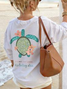 Toddler Girls Summer Casual Sea Turtle & Flower Graphic Print Short Sleeve Crew Neck T-Shirt, Kids Cute Beach Vacation Loose Tee Tops For Daily Wear - White - View 2