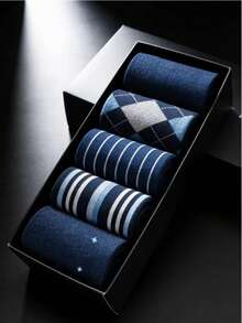 5 pares de calcetines de media caña para hombres en caja de regalo, transpirables y resistentes al olor para todas las estaciones, versátiles para negocios y casual, estilo británico en colores surtidos, calcetines cómodos para regalos - Azul - Ver 5