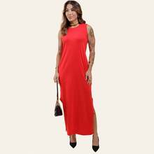 Women's Long Dress Set With Side Slit And Pockets - Red + Gray - View 4