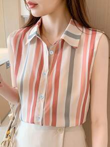 女士无袖条纹衬衫，翻领，涤纶面料，纽扣前襟，常规版型，夏季上衣 - 珊瑚橙 - 查看 12