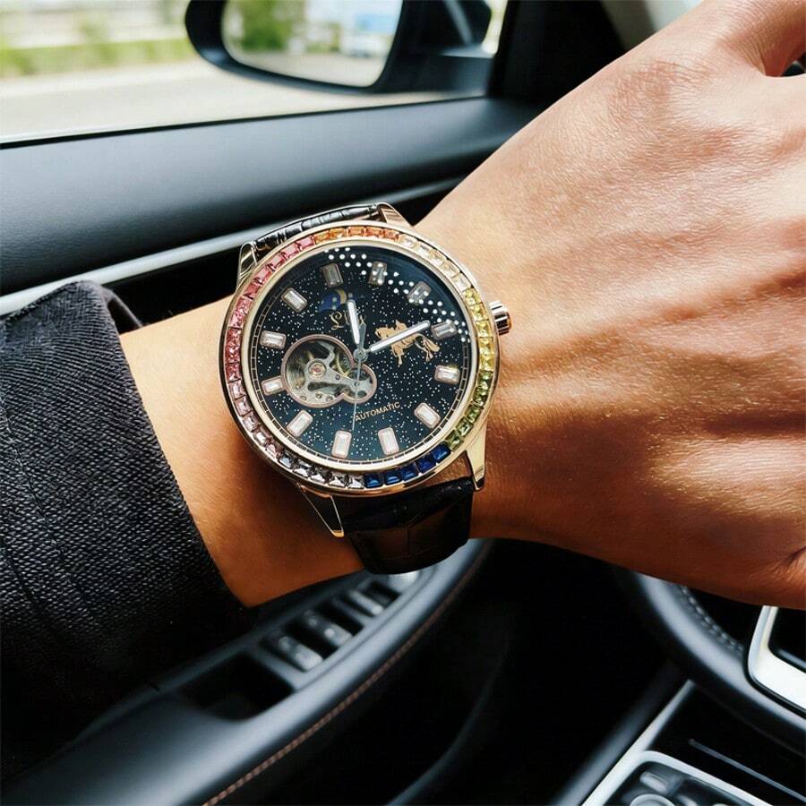 1 件男士自动机械表，彩虹水钻表圈，镂空表盘，防水，简约设计，适合日常佩戴和送礼。 - 黑色 - 查看 1