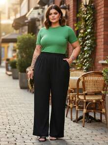 Women's Wide Leg Wide Leg Pants Plus Size High Waist Elastic Waistband Comfort Elegant Luxury Line - màu đen - Xem 7