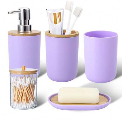 Bộ đồ dùng phòng tắm đơn giản 5 món, bao gồm bình đựng xà phòng lỏng, cốc súc miệng, giá đựng bàn chải đánh răng, khay đựng xà phòng, hộp đựng tăm bông, phụ kiện phòng tắm.
