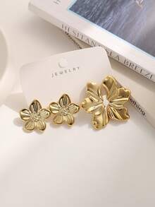 4/6/16pcs Fashionable Elegant Starfish, Flower, Bow, Geometric Multi-Element Golden Metal Earring Set, Women Daily Wear Earring Set - Gold - View 5