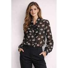 Lips Print Tie Neck Sheer Blouse - Black - Multicolor - View 1